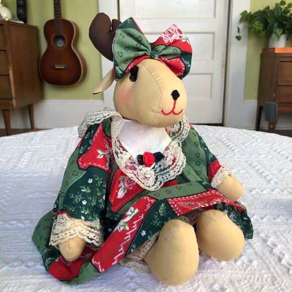 Handmade Country Christmas Moose Doll 16” Patchwork Lace Dress Farmhouse Decor - Picture 2 of 16
